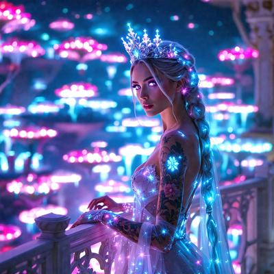 The primary subject of the image is a woman wearing a crown and a white dress. She is standing on a balcony, overlooking a city filled with colorful lights. The setting is a nighttime cityscape, with the woman's glowing dress and the vibrant lights creating a magical atmosphere. The visual style of the image is a combination of photo and digital art, with the woman's glowing dress and the city lights adding a surreal touch to the scene. The colors and mood